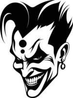 Intense black and white illustration of a menacing jester with a sinister smile vector