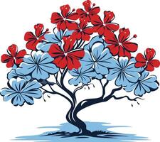A stylized tree with red and blue flowers, perfect for eco-friendly brands, nature-themed designs, and springsummer promotions vector