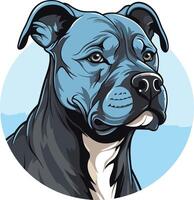 un sorprendentes azul y negro americano pozo toro terrier, representado en un simple, circular diseño vector