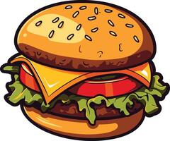 A cartoon illustration of a juicy cheeseburger with lettuce, tomato, and melted cheese, perfect for menus, websites, and social media graphics vector