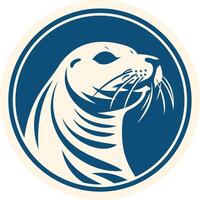A stylized, circular logo featuring a seal's head in a blue circle on a beige background vector