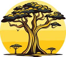 A stylized illustration of a large, majestic tree with two smaller trees in the foreground, set against a vibrant yellow sunset vector