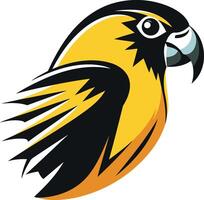 A bold and graphic illustration of a parrot's head, rendered in black and yellow vector