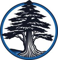 A stylized cedar tree with a blue circle, representing nature, growth, and resilience vector