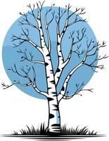 Simple, elegant illustration of a bare birch tree against a blue circle, perfect for nature-themed designs, branding, and environmental projects vector