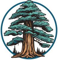 A majestic redwood tree stands tall in a circular frame, symbolizing strength, longevity, and resilience vector