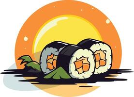 A vibrant illustration of three sushi rolls against a sunset background, perfect for menu design, branding, and social media vector