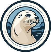A stylized illustration of a seal's head, in a circular frame with a wavy background vector