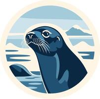 A stylized illustration of a seal against a scenic ocean backdrop vector