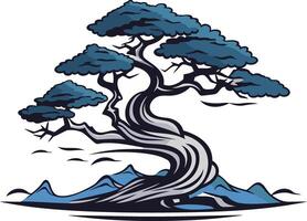 A stylized blue bonsai tree with twisting branches and a mountainous base vector