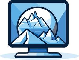 A modern, minimalist logo design featuring a mountain range displayed on a computer screen, symbolizing digital nature or a tech company with a focus on the outdoors vector