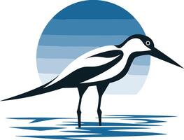 A stylized bird stands in water, silhouetted against a blue gradient sun, perfect for branding and logos related to nature, conservation, or water-based businesses vector