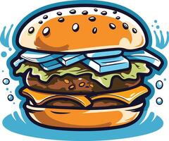 A delicious, cartoon-style double cheeseburger with lettuce, tomato, and onion vector