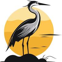 A stylized heron silhouette stands against a sun-drenched background, creating a captivating logo perfect for nature-inspired brands and organizations vector