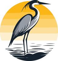 A stylized heron stands tall against a sunset, creating a captivating logo design perfect for nature-inspired brands vector