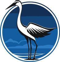A stylish, minimalist logo featuring a white heron on a blue background with mountains vector
