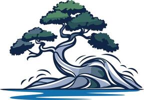 A stylized illustration of a bonsai tree, with a strong, twisting trunk and branches, growing from a small island vector