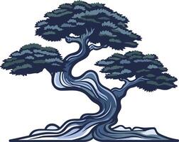 A stylized blue bonsai tree with a twisting trunk, representing growth, resilience, and peace vector