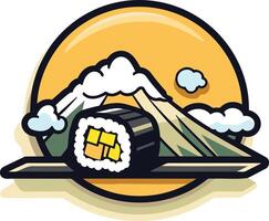 A fun, cartoon-style logo featuring a sushi roll in front of mount fuji with a sunrise behind vector