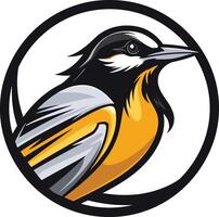 A stylized bird with vibrant yellow and black plumage, encased in a circular frame vector