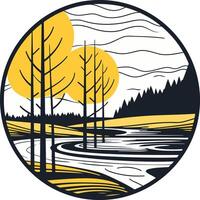 A minimalist, circular logo design featuring a winding river, trees, and a double sunset vector