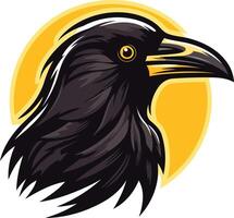 A powerful and striking illustration of a raven's head against a sunburst background vector
