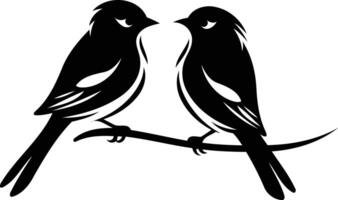 Simple black and white silhouette of two birds perched on a branch, perfect for a romantic or nature-themed design vector