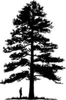A dramatic silhouette of a towering pine tree with a single figure standing beneath its branches vector