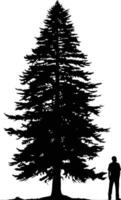 A simple yet striking silhouette of a tall pine tree with a single person standing in front of it vector