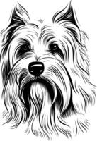 Black and white line drawing of a yorkshire terrier's head, with a focus on detail and fluffy texture vector