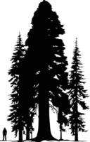 A majestic silhouette of a giant sequoia tree, towering over two smaller trees, with a tiny human figure in the foreground, creating a powerful sense of scale and grandeur vector