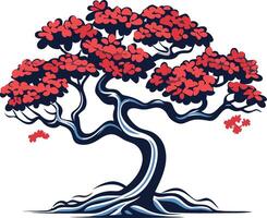 A stylized illustration of a bonsai tree with red leaves, symbolizing growth, resilience, and balance vector