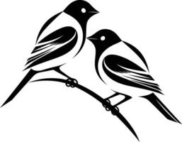 Black and white illustration of two birds perched on a branch, perfect for tattoo designs, nature-themed projects, and minimalist artwork vector