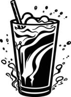 Black and white illustration of a glass of soda with a straw, featuring a bold, stylized design with a splash of liquid vector