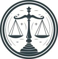 A classic, elegant logo design featuring a scale of justice within a circular frame vector