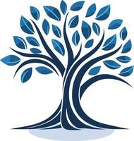 A stylized blue tree with a strong, twisting trunk and full canopy of leaves vector