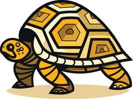 A cute cartoon turtle with a yellow and brown shell, walking on a sandy surface vector