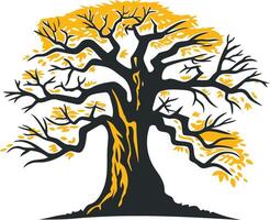 A bold and stylized illustration of a large, ancient tree with yellow leaves vector