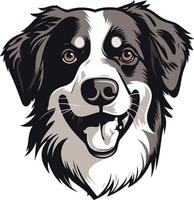 A friendly, cartoon style illustration of a black and white dog's head, featuring a smiling expression and a playful, slightly tongue out look vector