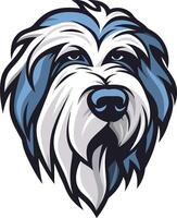 A bold, cartoon style illustration of a bearded collie's head, facing forward with a serious expression vector
