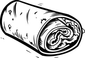 Hand drawn black and white illustration of a burrito, perfect for menu design, food blogs, and social media vector