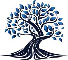 A stylized blue tree with intricate branches and roots, symbolizing growth, strength, and connection vector