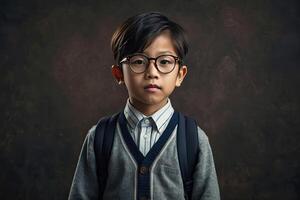 Portrait of a serious Asian kid schoolboy with glasses on a solid gray background. Back to school, correction of pupil kid eyesight. photo