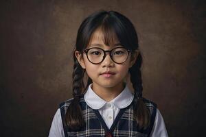 Portrait of a serious Asian kid schoolgirl with glasses on a solid gray background. Back to school, correction of pupil kid eyesight. photo