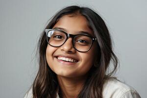 Portrait of a happy Indian schoolgirl teenager with glasses on a solid gray background. Back to school, correction of pupil kid eyesight. photo
