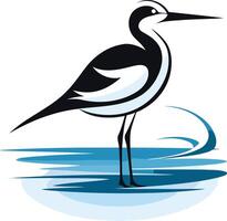 A stylized black and white bird with long legs and a long beak, standing in water with blue waves, perfect for nature-inspired designs vector