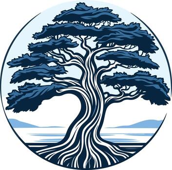 Ancient Tree with Twisted Branches in Blue Tones vector