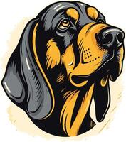 A close-up portrait of a black and tan coonhound, showcasing its intelligent and attentive expression vector