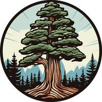 A majestic evergreen tree stands tall against a mountain backdrop, radiating strength and longevity vector