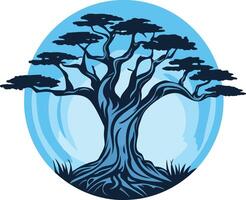 A stylized silhouette of a majestic tree against a blue circular background vector
